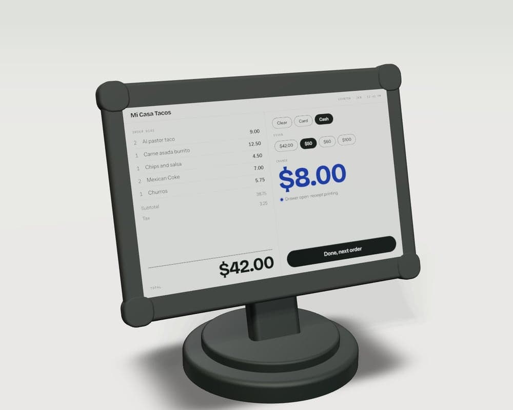 A Clear Counter at the till: $42.00, and $8.00 change