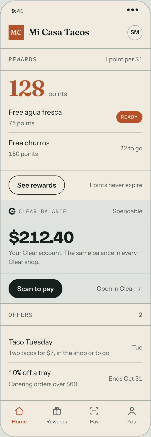 Mi Casa Tacos in its rewards app: 128 points, a free agua fresca ready, the Clear balance of $212.40, and two offers