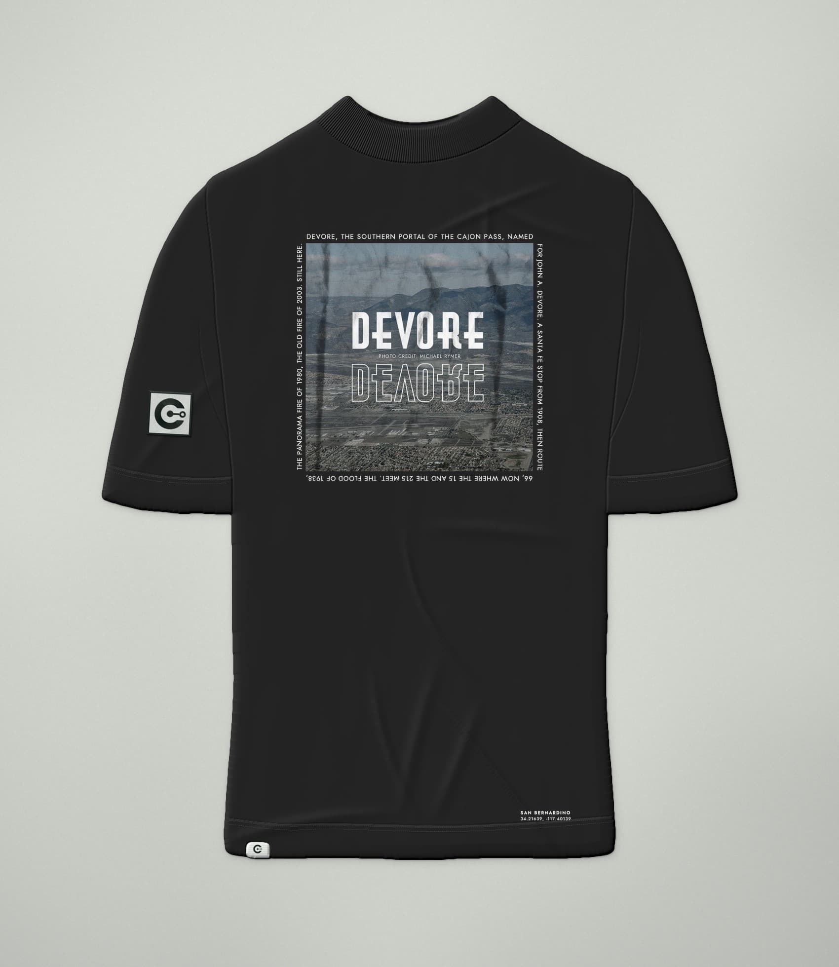 A mockup of the Devore Tee in Black, front