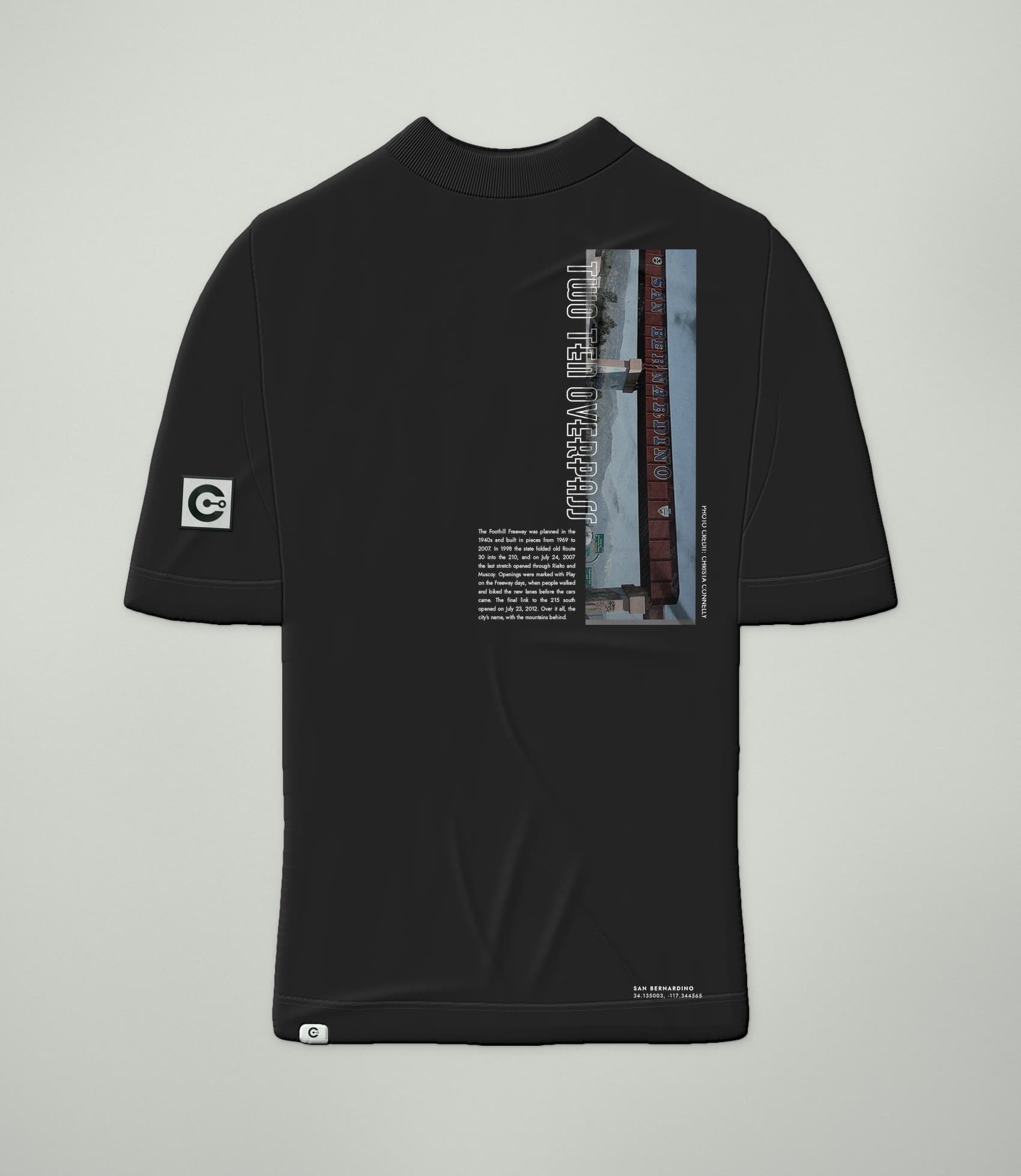 A mockup of the Two Ten Overpass Tee in Black, front